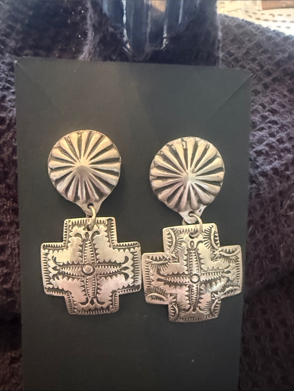 Silver-Tone Southwestern Cross Drop Earrings - Unbranded